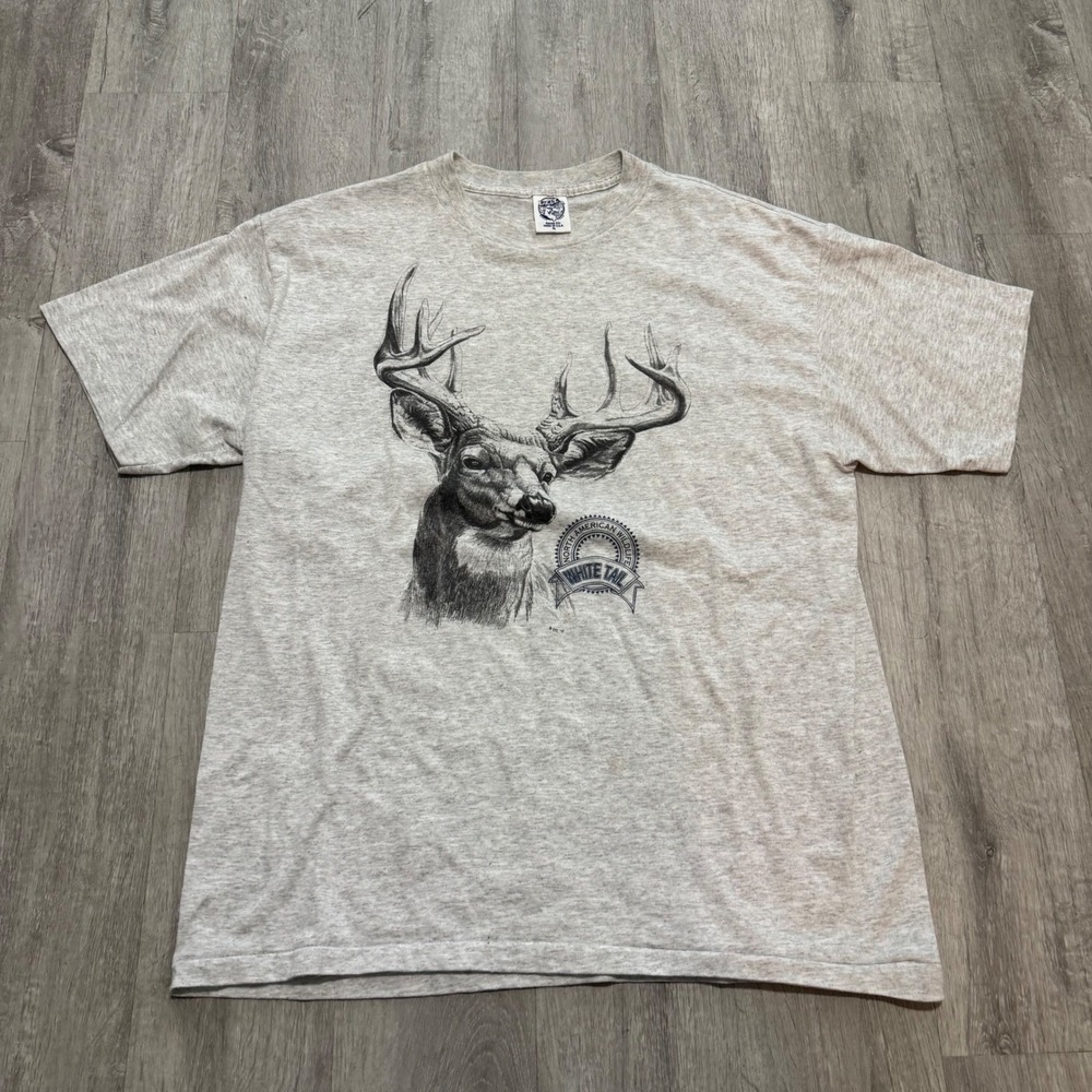 Vintage 1995 Eagle Products White Tail Deer Wildlife T-Shirt XL Gray Made in USA